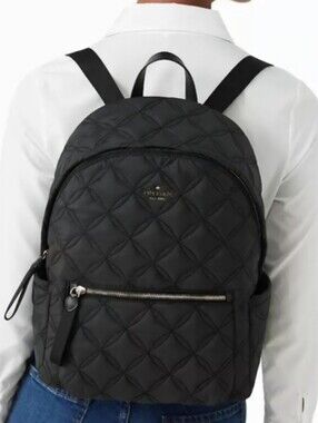 Kate Spade New York Black Quilted Nylon Backpack Gold Zip Travel Laptop Bag
